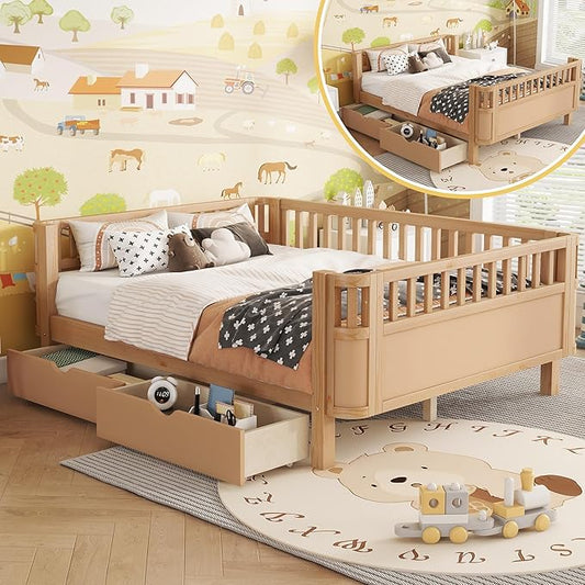 Full Size Kids Bed Frame with Rails, Wood Montessori Bed Full with 2 Storage Drawers &Slats Support, Modern Daybed with Removable Bed Rails for Girls Boys Bedroom Living Room, Natural