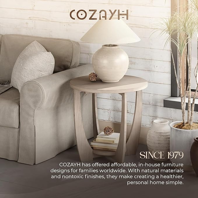 COZAYH Rustic Farmhouse End Table with Storage Shelf, French Country Modern Round Accent Side Table for Small Spaces, Vintage Grey Finish