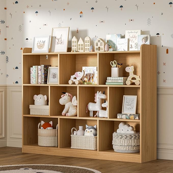 Oak Bookshelf, Wood Bookcase with 3 Tier Open Shelves, 10-Cube Minimalist Storage Shelf for Living Room, Bedroom, 43.3" W x 35.4" H