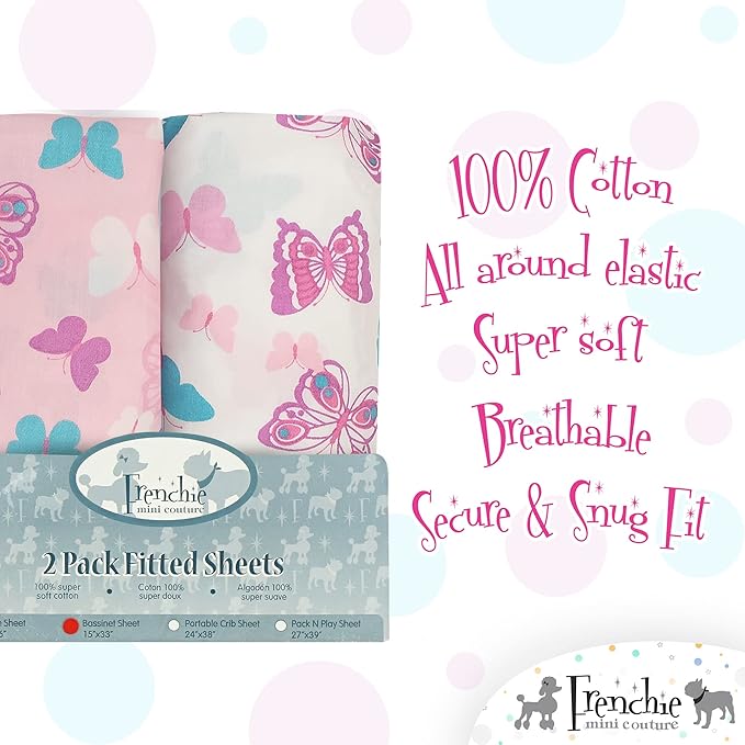 Frenchie Mini Couture, Bassinet Sheets for Babies, 2 Pack, 100% Woven Cotton, Pink Bassinet Protector, Fits Standard Bassinets, 15 x 33 x 4in, Butterfly
