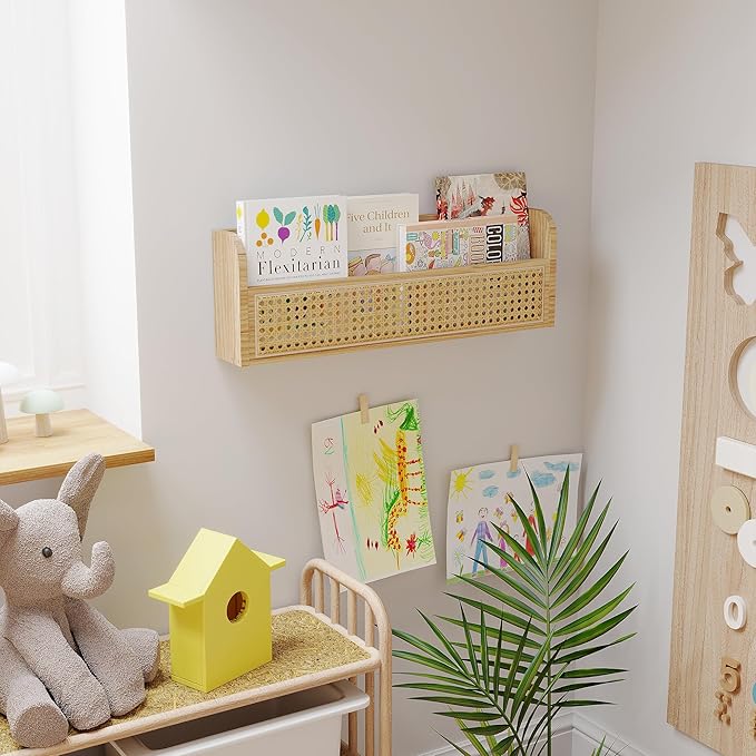 Wooden Rattan Wall Shelf - 24’’ Nursery Hanging Book Shelves for Wall, Picture Ledge Wicker Shelf, Boho Decorative Shelves for Netural Nursery Decor, Floating Rattan Shelf for Office,Bedroom