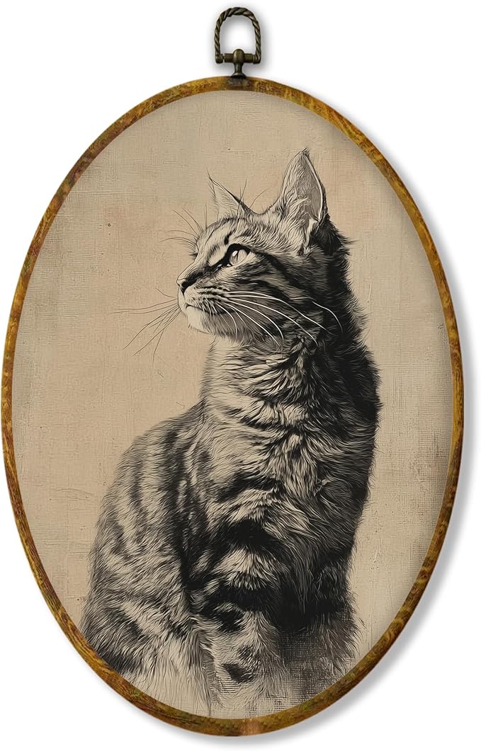 Hiuwevt Vintage Cat Oval Wall Art Decor, Antique Cat Gifts Framed Canvas Prints, Rustic Retro Pet Gifts Oval Wall Hanging Decor for Home Gallery Decorations, 8.6x11.4 Inches