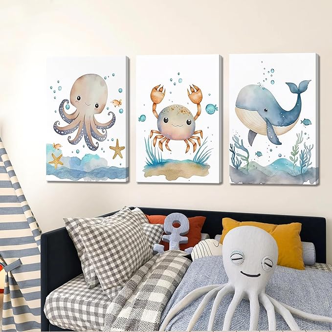 Ocean Nursery Wall Art Set of 3, Sea Animal Baby Boys Room Canvas Wall Decor Paintings, Watercolor Ocean Kids Nursery Posters Prints Pictures for Boys and Girls Room, Bedroom 12x16 Inch Framed