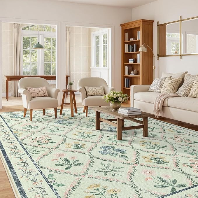 8x10 Washable Rug for Living Room,Green Floral Rugs for Bedroom,Boho Large Non Slip Ultra-Thin Distressed Farmhouse Carpet for Kids Playroom, Classroom, Girls Dorm, Nursery, Green Mult