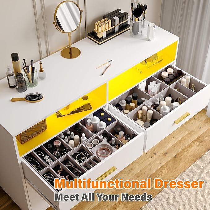 EnHomee White Dresser with LED Lights, 6 Drawers & 2 Open Shelves Top Dresser for Bedroom, Wood Chests of Drawers
