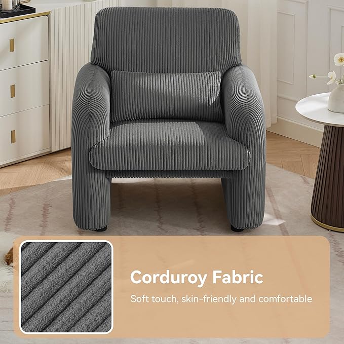 Corduroy Fabric Accent Chairs Set of 2, Modern Upholstered Living Room Chairs with Lumbar Pillow, Wide Comfy Leisure Armchair for Bedroom, Office, Reading, Grey