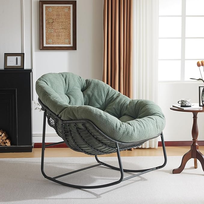 Oversized Outdoor Papasan Rocking Chair with Soft Cushion, Comfy Patio Egg Chair, Wicker Lounge Rocker for Balcony/Porch/Garden, Reinforced All Weather Rattan Frame, 330 lbs Support, Hunter Green