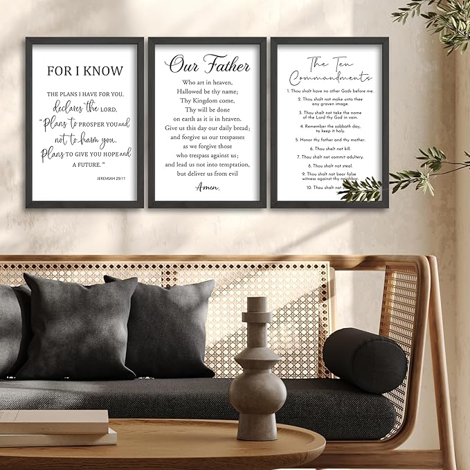 Surfapans Bible Verse Scripture Wall Decor Art 16"×11" Christian Sign Set of 3 Inspirational Quotes Scripture Wood Framed Wall Hanging (Black)