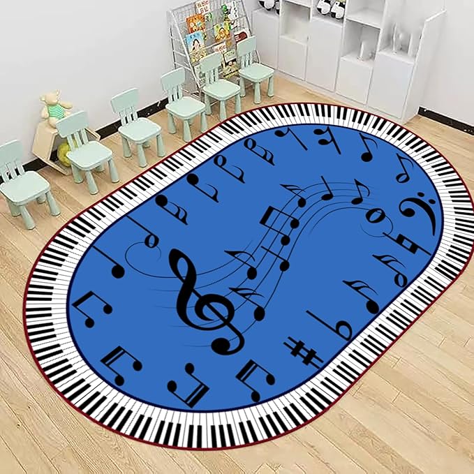 Piano Keyboard Kids Rug 6x8ft - Non-Slip Washable Music Notes Carpet for Nursery, Playroom & Classroom - Black White Keys Educational Floor Mat