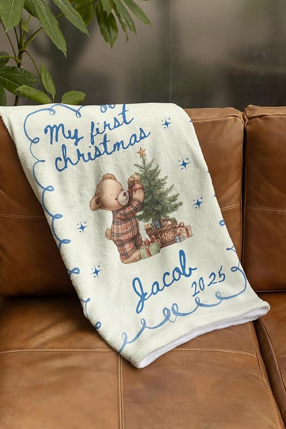 Personalized Baby's First Christmas Blanket, Custom Doodle Bear Boy Baby Name Christmas Blanket, Soft Fleece Or Sherpa Throw, Baby Shower, Made in USA