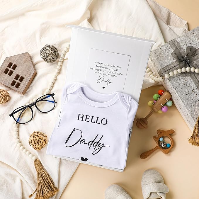 4 Pcs Pregnancy Announcement for Husband, Hello Daddy Baby Bodysuit, Hello Daddy Pregnancy Reveal Card Baby Reveal Gift Box Baby Announcement Gifts Set for Husband Partner