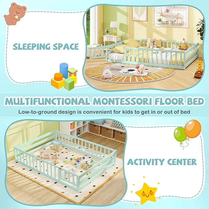 Giantex Full Floor Bed with Door & Fence, Kids Wood Montessori Beds with Safety Guardrails, Floor Bed Twin for Kids, Boys, Girls, No Box Spring Needed, Mint Sky