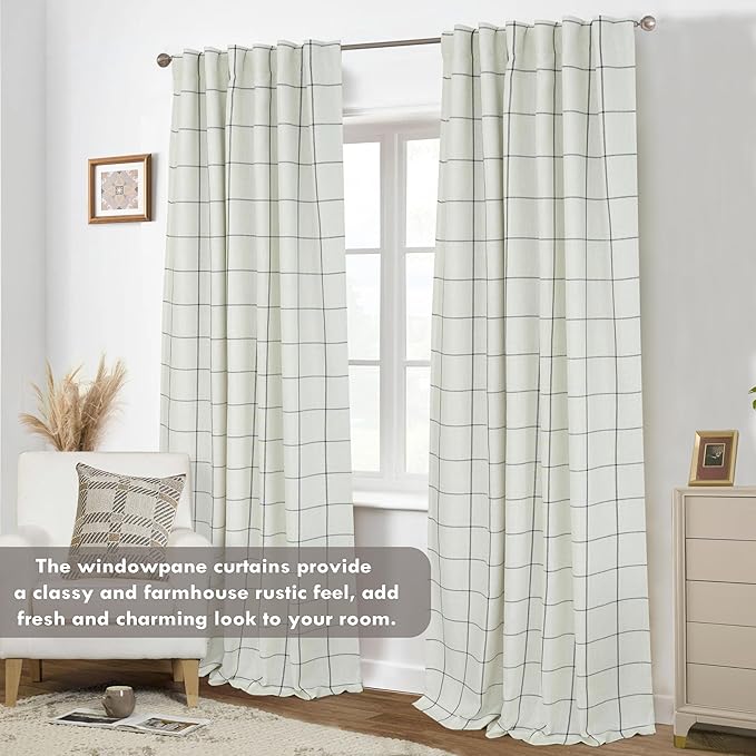 DriftAway 2 Panels 100% Blackout Windowpane Plaid Linen Curtains Double Layer Drapes for Bedroom 90 Inches Long Farmhouse Thermal Insulated 3.25 Inch Rod Pocket Back Tab for Living Room Black