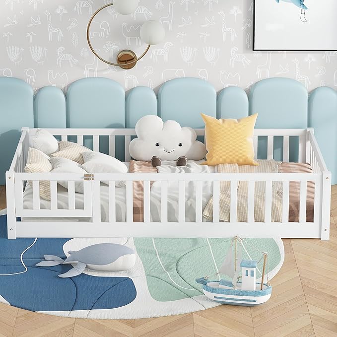 Bellemave Twin Size Floor Bed Frame with Fence and Door for Kids, Montessori Floor Bed with Slats and Safety Guardrails,Solid Wood Twin Bed Frame for Girls Boys,White