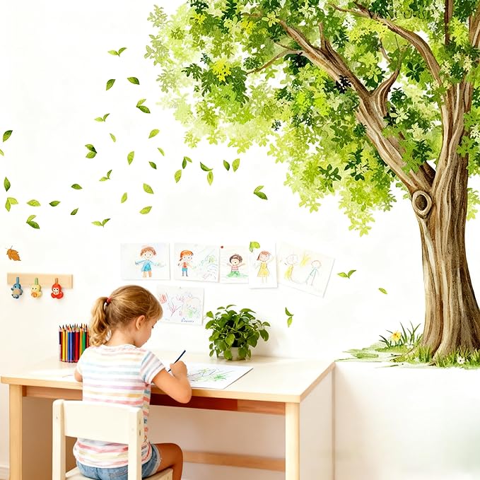 Large Green Tree Branch Wall Decals Hanging Vine Leaf Branch Wall Stickers Peel and Stick Wall Art Murals Decor Vinyl for Bedroom Living Room TV Background Wall Decor