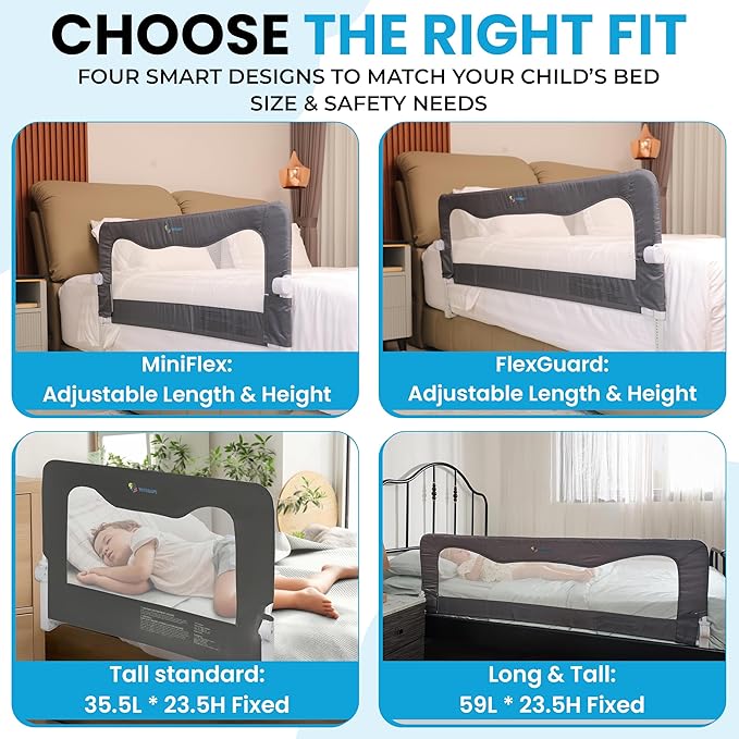 TotCraft MiniFlex Adjustable Length & Height Bed Rail for Toddlers – 35.5″ or 47″ Two Fixed Lengths,Fits Twin, Full & Queen Beds – 14 Height Levels – ASTM Certified Safety Guard Rail for Kids (White)