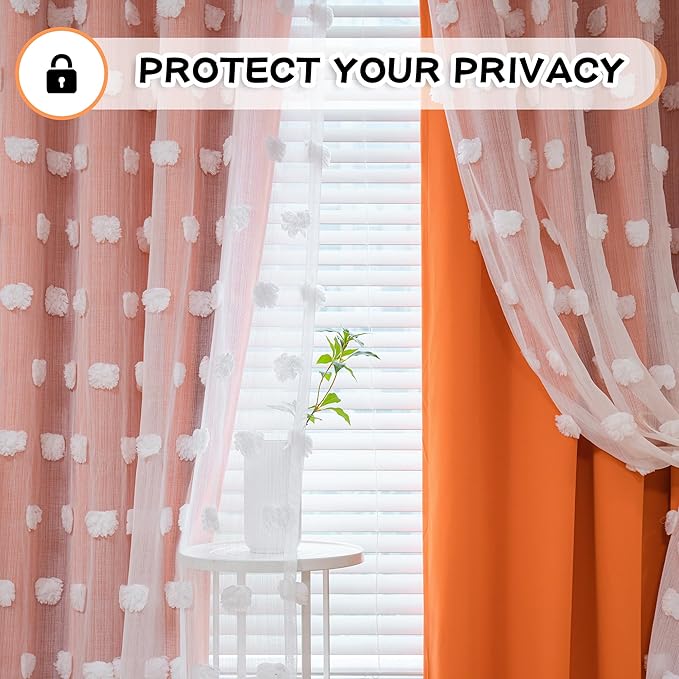 MYSKY HOME Orange Curtains for Bedroom 54 Inch Long Double Layer Curtains for Kids Room Kithen White Pom Pom Sheer Nursery Curtains Grommet Room Darkening Small Window Curtains 2 Panels 52" x 54"