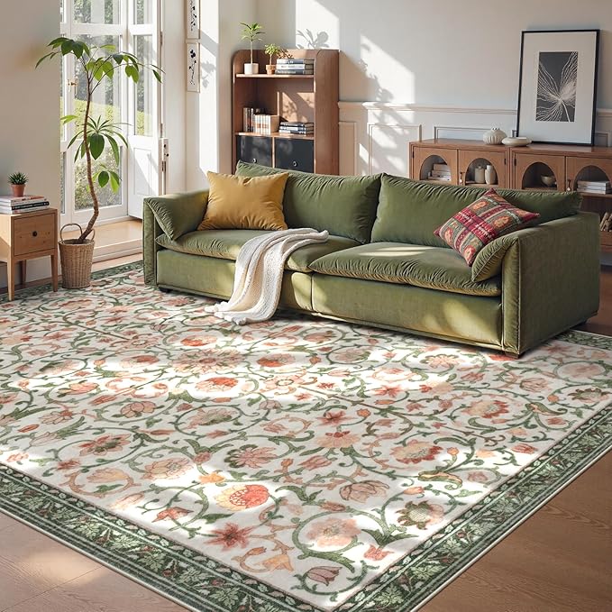Anidaroel Floral Area Rug 8x10, Washable Large Living Room Rugs, Non Slip Soft Boho Bedroom Rug Under Bed, Vintage Dining Room Rugs Under Table for Nursery Farmhouse, Beige