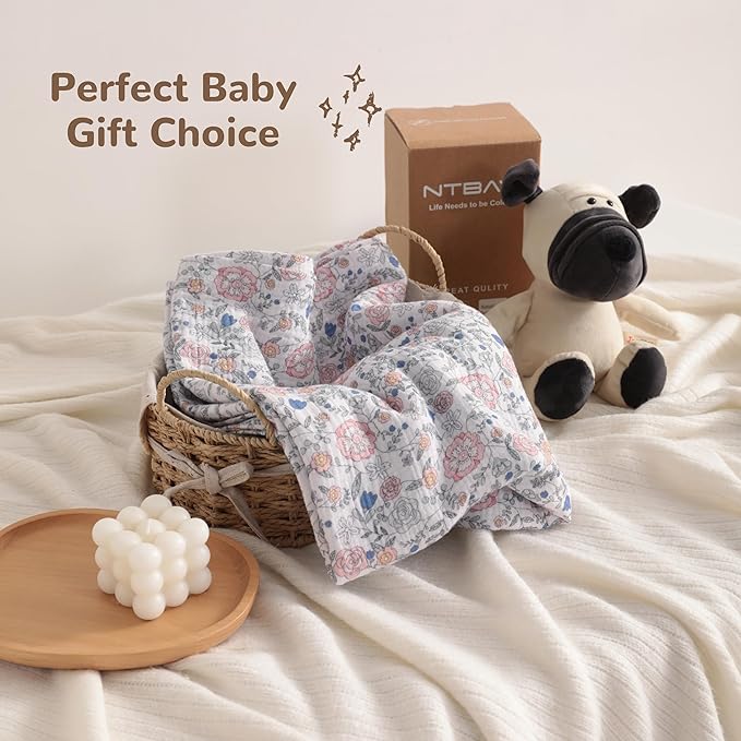 NTBAY 4 Layer Muslin Cotton Toddler Blanket, 42x60 Soft and Breathable Receiving for Newborns and Infants, Perfect for Crib, Stroller, Travel, Lightweight Nursery Blanket, Vintage Floral