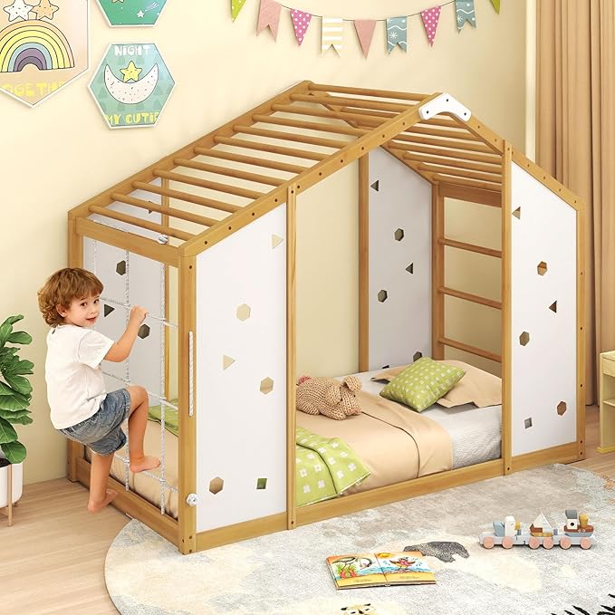 Giantex Twin Size Montessori Floor Bed, 3-in-1 Indoor Kids Jungle Gym Playground with Climbing Slide Swing Net, Monkey Bars, Wood House Bed Frame with Playset for Boys Girls, Natural+White