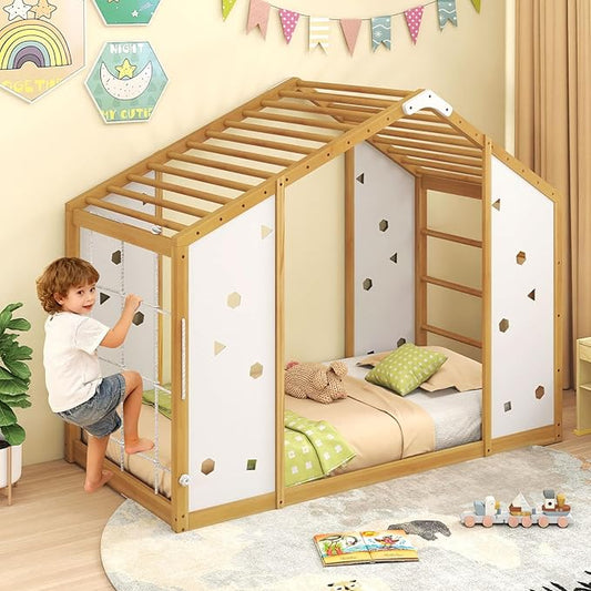 Giantex Twin Size Montessori Floor Bed, 3-in-1 Indoor Kids Jungle Gym Playground with Climbing Slide Swing Net, Monkey Bars, Wood House Bed Frame with Playset for Boys Girls, Natural+White