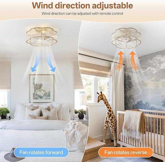 20" Gold Ceiling Fans with Lights Flush Mount, Gold Crystal Ceiling Fan with Light Remote Control, Mid-Century 6 Speeds for Bedroom, Living Room, Nursery