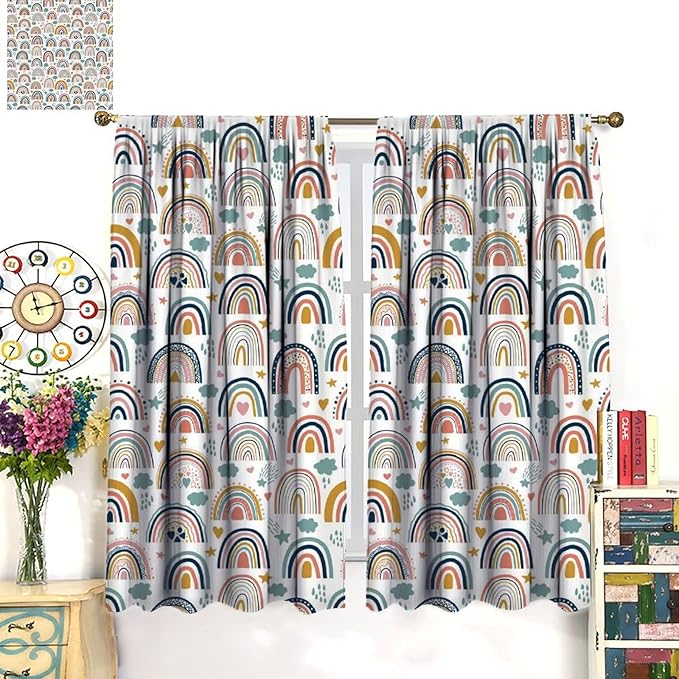 Kids Rainbow Curtains Boho Cartoon Colorful Stars Love Heart Lovely Abstract Art Pattern Print Window Drapes for Girl Bedroom Living Room Kitchen Decor,2 Panel Set,42Wx54H Inch Blackout