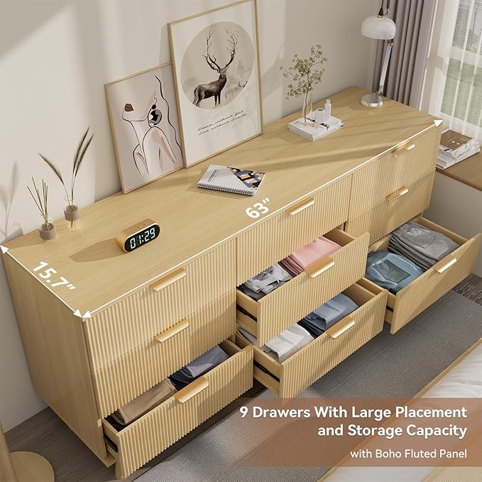 63" Long Fluted 9 Drawer Dresser for Bedroom - Modern Chest of Drawers - Natural Wood Dresser - Boho Storage Wood Organizer for Living Room, Hallway, Closet