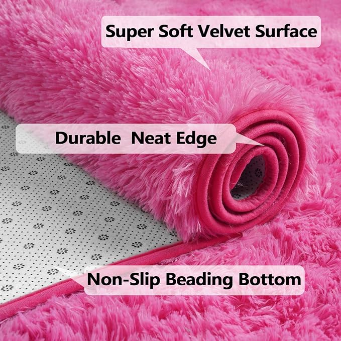 Merelax Modern Soft Fluffy Large Shaggy Rug for Bedroom Livingroom Dorm Kids Room Indoor Home Decorative, Non-Slip Plush Furry Fur Area Rugs Comfy Nursery Accent Floor Carpet 4'x6' Hot Pink