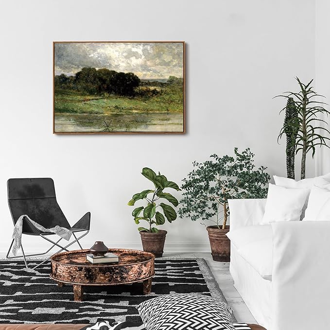 OIQArtOIQ Framed Vintage Landscape Wall Art Lake Natural Scenery Oil Painting Canvas Prints Country Farmhouse Decor Aesthetic Pictures for Kitchen Bedroom Living Room Bathroom