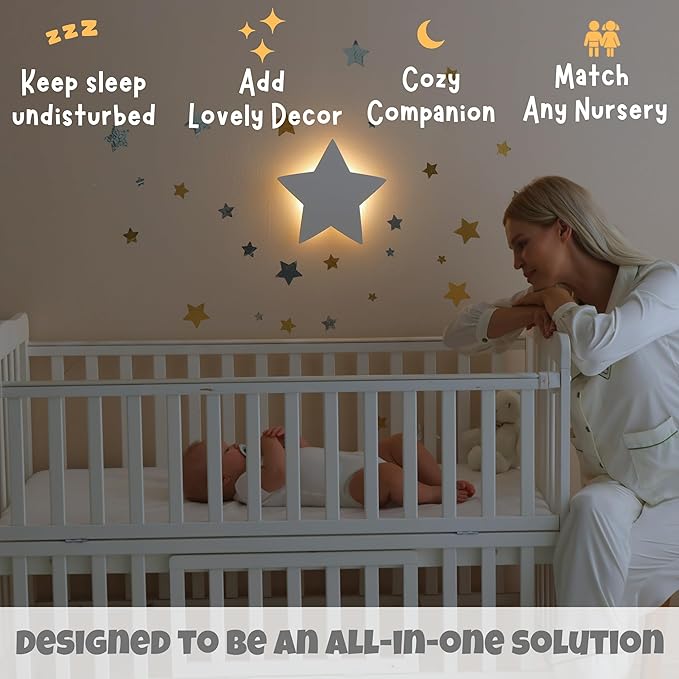 Nursery Night Light – Dimmable Star Wall Light for Newborns & Toddlers Nursery Decor – Rechargeable LED Light with Touch Control for Kids' Safety (Moon & Stars Decals Included)
