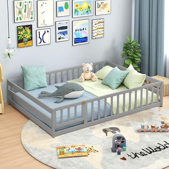 Giantex Full Floor Bed with Door & Fence, Kids Wood Montessori Beds with Safety Guardrails, Floor Bed Twin for Kids, Boys, Girls, No Box Spring Needed, Grey