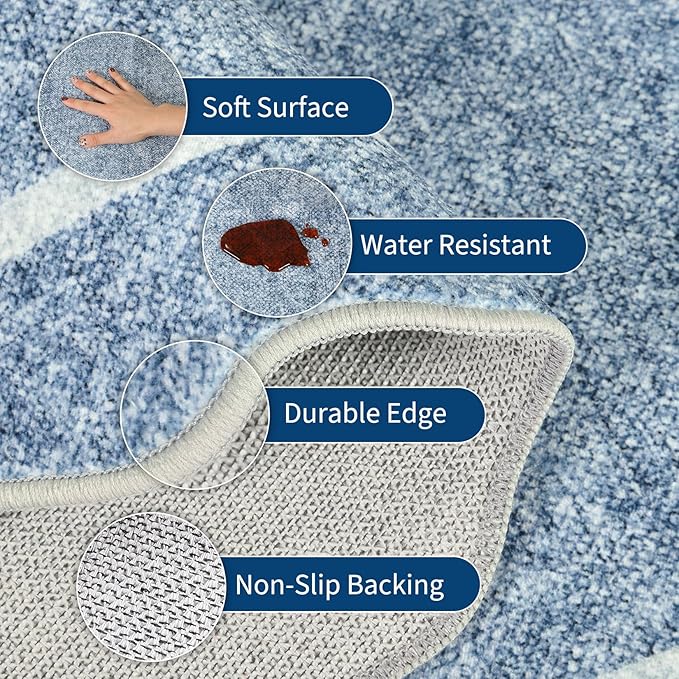 GarveeHome Scalloped Washable Rug 9x12 Area Rug for Bedroom Modern Living Room Rug Farmhouse Non Slip Large Area Rug Soft Throw Rugs Stain Resistant Carpet for Dining Room Nursery Blue 9 ft x12 ft