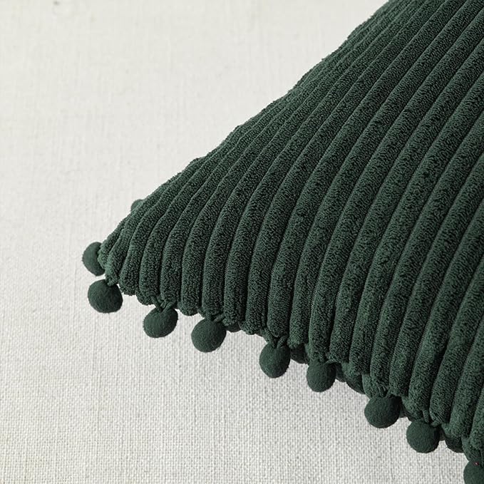 Fancy Homi Set of 2 Dark Green Boho Decorative Throw Pillow Covers 18x18 Inch with Pom-poms for Living Room Couch Bed Sofa Bedroom Indoors, Modern Farmhouse Boho Vintage Army Green Home Decor
