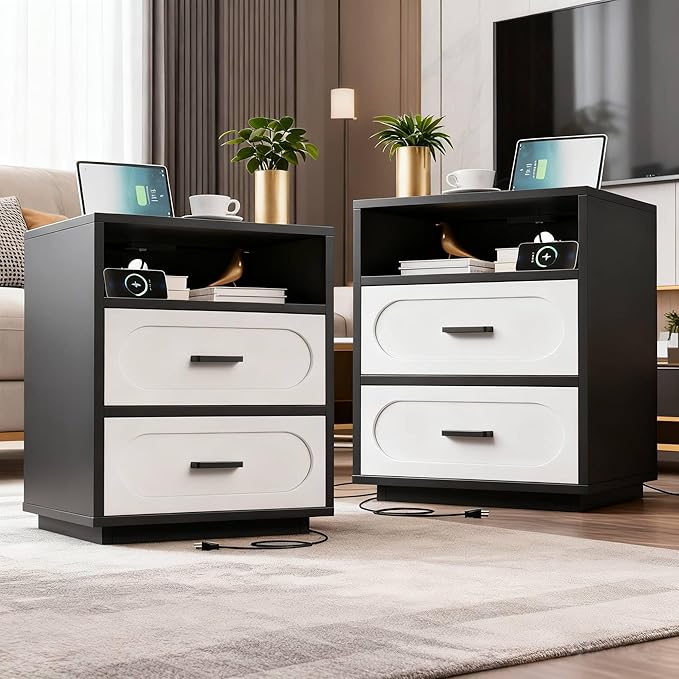 Nightstand Set of 2 with Charging Station, End Table with 2 Drawers Storage, Space-Saving Wood Storage Cabinet with Unique Base Design, Bedside Table for Bedroom, Living Room