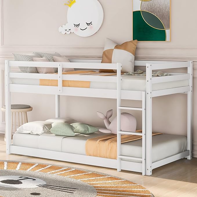 Merax Solid Wood Low Bunk Bed Frame for Kids/Toddlers/Junior, with Built-in Ladder, High Guardrail and Slats, Floor Bed Bottom Bunk, No Box Spring Needed, for Small Spaces, Twin-Over-Twin, White