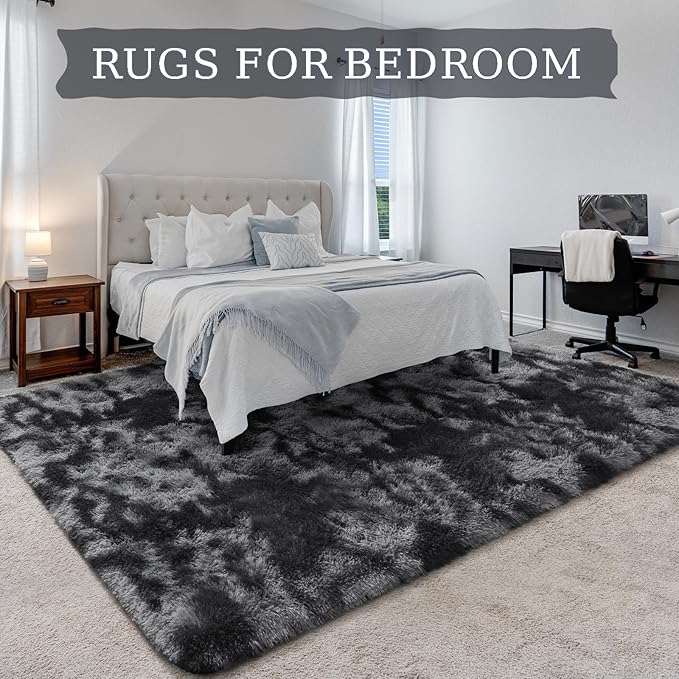 BENRON Fluffy Tie-dye Black Rugs for Living Room Bedroom 4x6, Soft Plush Fuzzy Shaggy Rugs for Kids Girls Boys Room Decor, Washable Indoor Floor Carpets