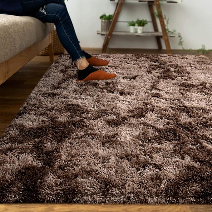 DweIke Fluffy Brown Rugs for Bedroom Living Room, 6x9 Large Soft Plush Shaggy Tie-Dyed Dark Coffee Girls Boys Kids Rug, Upgraded Non-Slip and Machine Washable Carpet for Dorm Nursery Classroom Decor