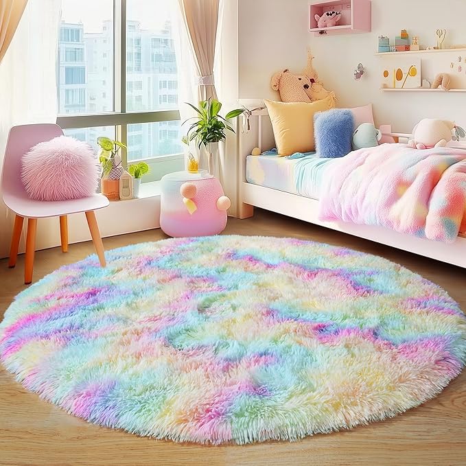 6‘x6’ Rainbow Round Rugs for Girls Bedroom, Ultra Soft Fluffy Circle Rug for Kids Room, Cute Shag Rugs for Living Room Playroom Tent Castle Home Decor Rug