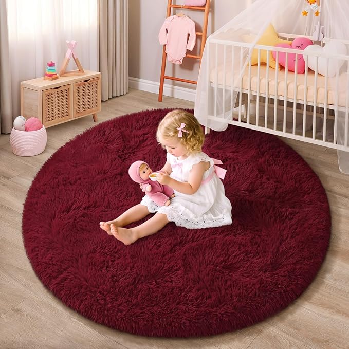 EVOIONOS Burgundy Round Rug for Bedroom, 4x4 Ft Fluffy Soft Circle Area Rugs for Living Room, Plush Shaggy Circular Carpet for Indoor Floor Bedside Kids Nursery, Machine-Washable Home Decor Aesthetic