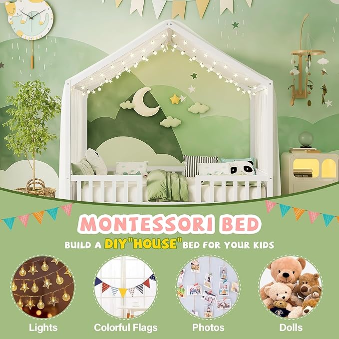 Bellemave Full House BedFrame with Canopy, Montessori Floor Bed, House Bed with Rails for Kids, White