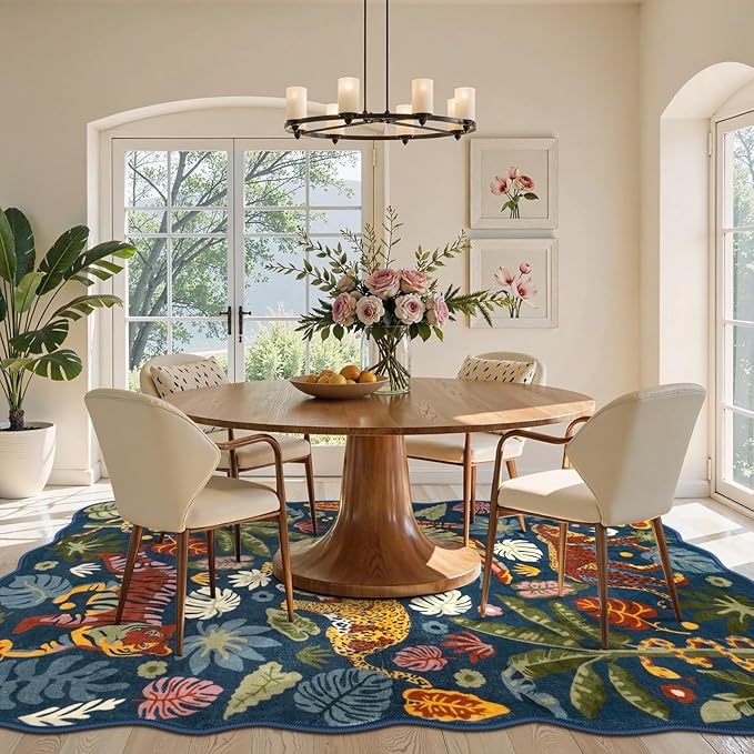 LEEVAN 5x7 Animal Area Rugs Washable Blue Tiger Living Room Rugs Non Slip Scalloped Tiger Bedroom Rug Low Pile Leopard Nursery Floor Carpet Jungle Leaf Print Kids Rug