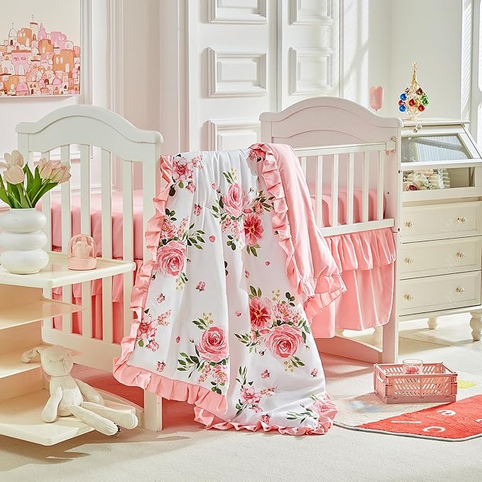 3 Pieces Flowers Crib Bedding Set Baby Ruffled Quilted Comforter with Fitted Sheet and Bed Skirt - Cute Ruffled Shabby Chic Baby Bedding Soft Blanket Floral Design