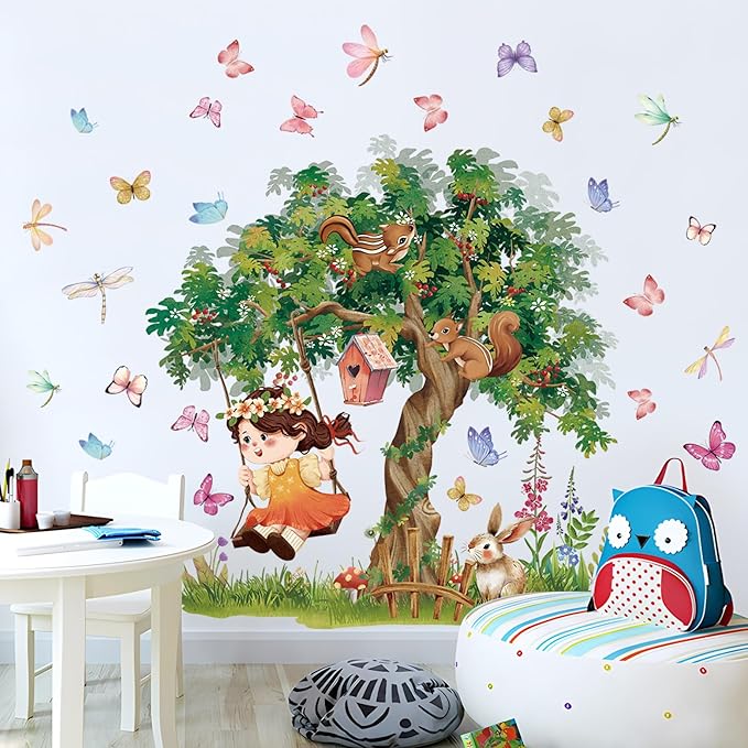 Amaonm Large Whimsical Tree Wall Decal with Woodland Animals, Birds, and Butterflies, Watercolor Green Tree Wall Sticker Decor for Girls Kids Bedroom Living Room Nursery Decoration (B)