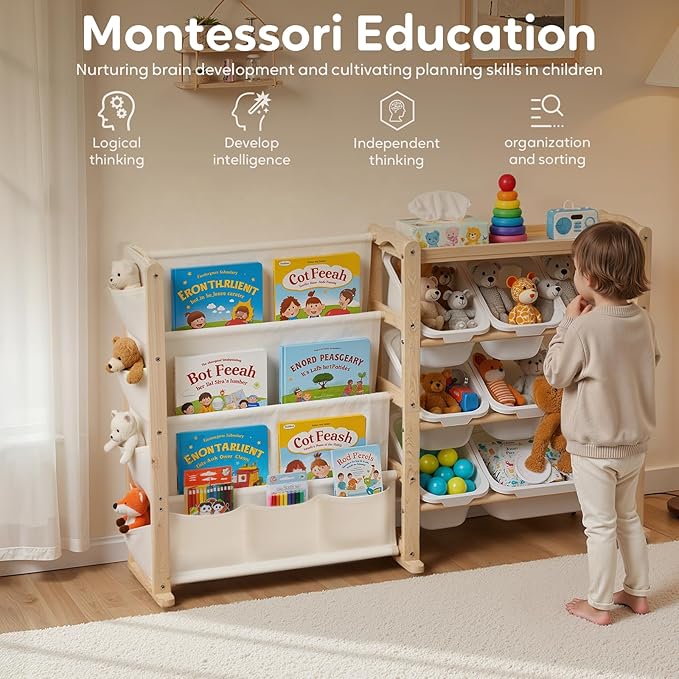 Fodoss Book Shelf for Kids Rooms - Kids Bookshelf with 7 Bins, Baby Bookcase with Solid Wood, Side Storage Pockets, Playroom Room, Large Toy Storage for Nursery, Natural Pine