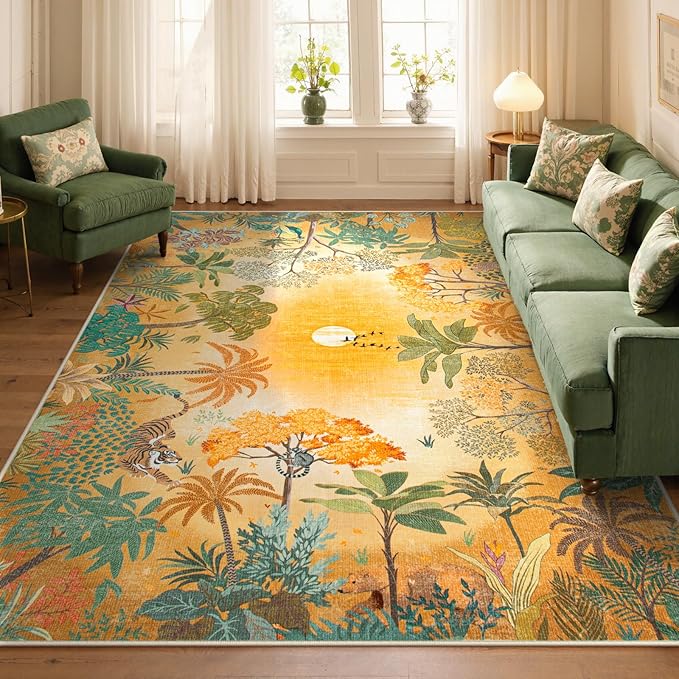 Lahome Fall Jungle 5x7 Autumn Rug for Living Room Bedroom Machine Washable Carpet, Soft Sunset Kids Rugs for Playroom, Forest Rug Non Slip Non Shedding Orange Indoor Carpet for Nursery Office