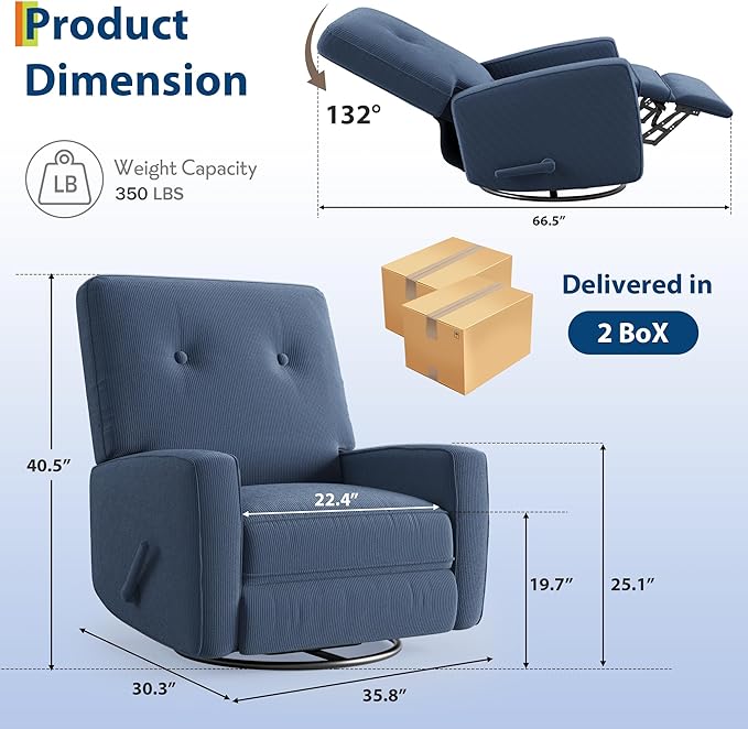 GarveeHome Recliner Chairs, Swivel Rocker Recliner, Glider Recliner Nursery Chair for Adults, 360° Swivel Glider Rocking Chair for Living Room, Bedroom, Office, RV, Small Spaces, Corduroy, Dark Blue