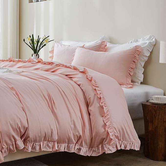 Simple&Opulence Kids 100% Organic Cotton Full Duvet Cover Ruffle 3Pcs(1 Comforter Cover 2 Pillowcases) Cute Lace Vintage Boho Shabby Chic Farmhouse Bedding Set Teen Girls(Peach Pink,Full)