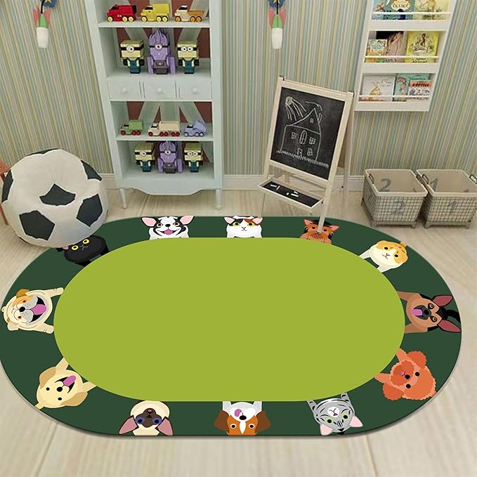 Cat and Dog Kids Area Rug, 4x5ft, Children's Pet Print Oval Rugs, Children's Educational Learning Animal Play Mat for School Classroom, Non-Slip Washable Green Carpet for Nursery Bedroom