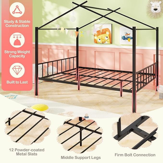 Giantex Full Size House Bed with 2 Storage Drawers, Metal Montessori Bed Frame with Headboard & Footboard, Full House Beds for Kids Girls Boys, No Box Spring Needed, Noise Free (Black)